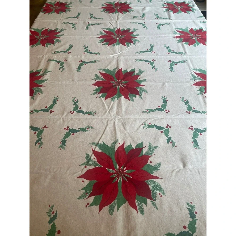 Vintage Christmas Tablecloth Poinsettia Holly Red Green Cotton 67x50 Rectangle